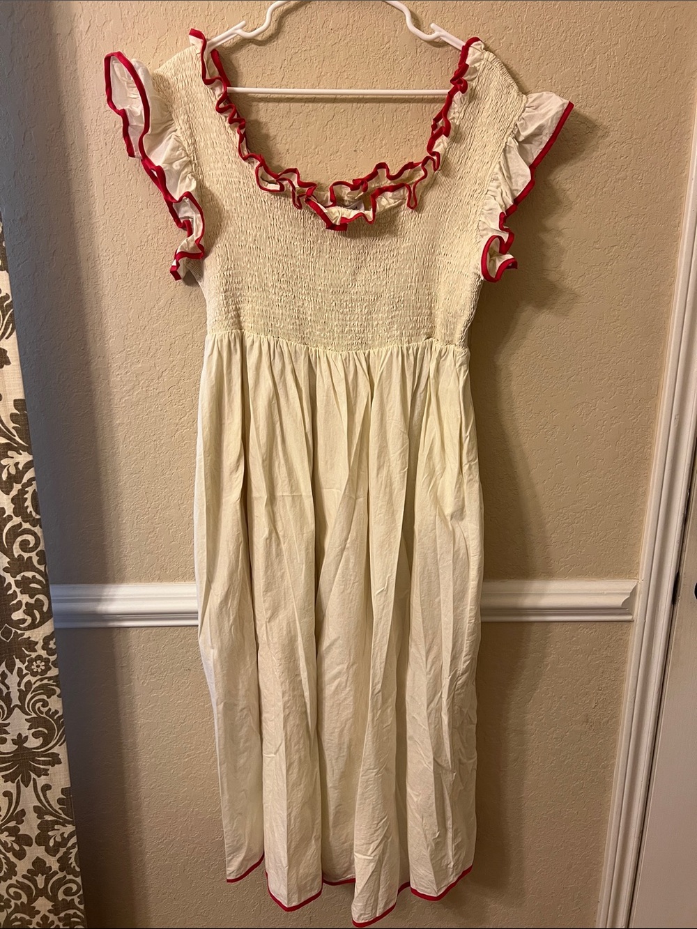 Cream Smocked Girls' Dress with Red Ruffle Trim